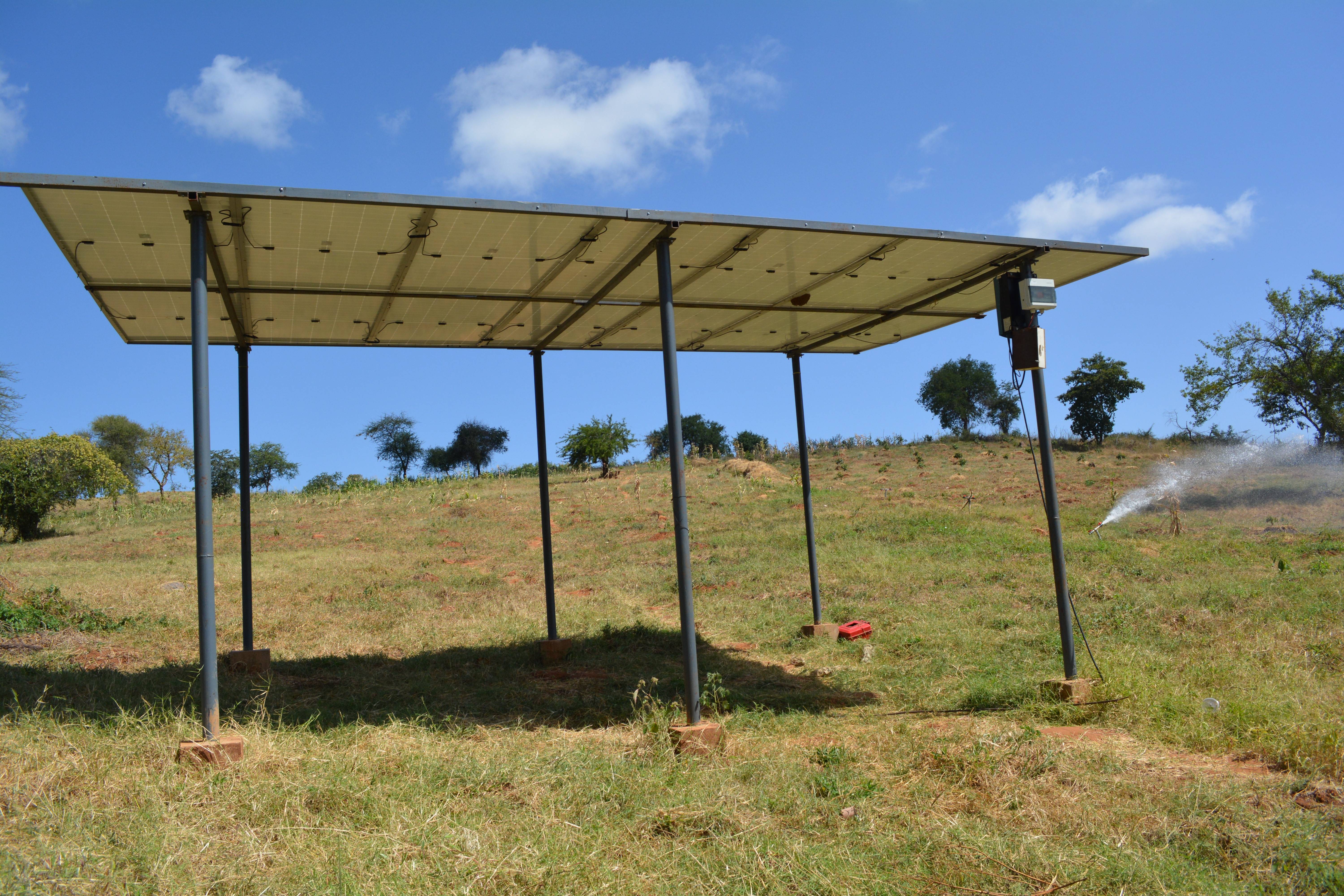 Solar panel array with irrigation sprinkler